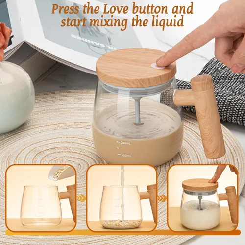 Vista 6 de Taza de café eléctrica autoagitable, taza mezcladora de alta velocidad de 13.5 fl oz con tapa, vidrio de borosilicato alto, oficina en casa
