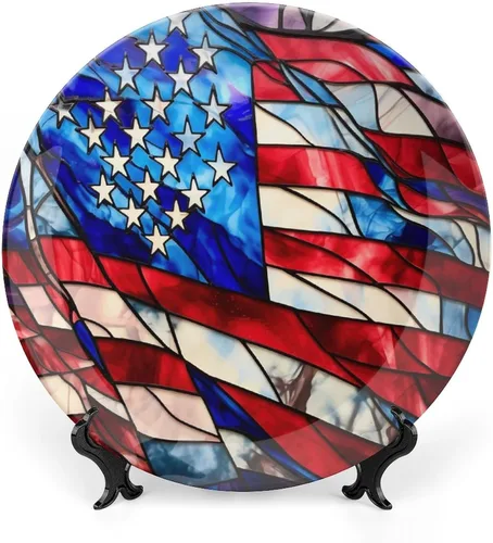 Vista 9 de Platos decorativos con diseño de bandera de Estados Unidos, acuarela, vitrales, decoración del hogar, platos de cerámica, para cocina, mesa auxiliar