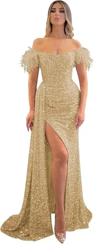 Vista 15 de Vestidos de fiesta de lentejuelas con hombros descubiertos, vestido formal de sirena brillante, vestido largo de fiesta de noche con abertura