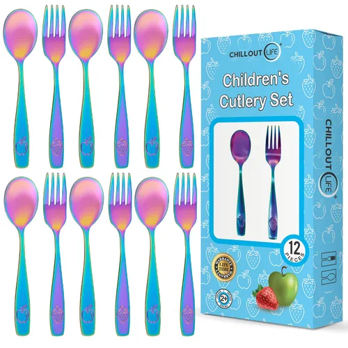 Vista 12 de CHILLOUT LIFE Juego de cubiertos de acero inoxidable para niños, 6 piezas, cubiertos seguros para niños y niños, juego de utensilios para niños