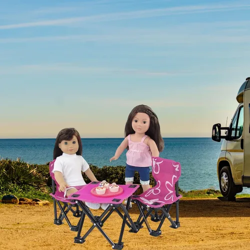 Vista 8 de Emily Rose Muñeca de 18 pulgadas, juego de 3 piezas de camping plegable, sillas y mesa rosa para exteriores con estuche de almacenamiento