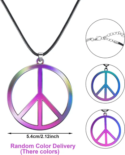 Vista 3 de Juego de 4 piezas de disfraz hippie con signo de paz, collares, lentes hippie, aretes, diadema de teñido anudado para mujeres, hombres y parejas