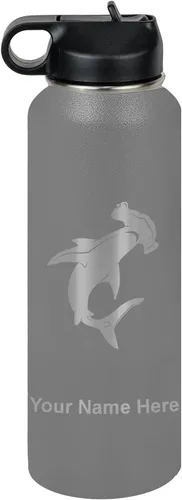 Vista 35 de LaserGram Botella de agua personalizada, tiburón martillo, acero inoxidable de doble pared aislada al vacío con popote superior, regalo grabado