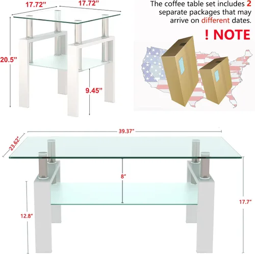 Vista 3 de Juego de 3 mesas auxiliares de cristal para sala de estar, mesa auxiliar de sofá con almacenamiento, patas de metal negro, mesa central rectangular