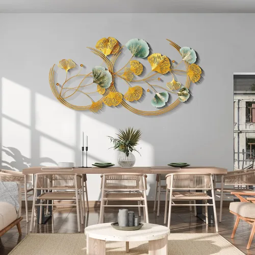 Vista 8 de Babyieia Decoración de pared de metal con hoja de ginkgo 3D para sala de estar, esculturas modernas de pared de metal, decoración de pared de metal