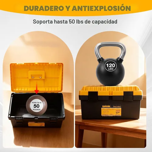 Vista 6 de Juego de 4 cajas de herramientas, caja de herramientas de plástico grande impermeable con bandeja organizadora, caja de herramientas apilable