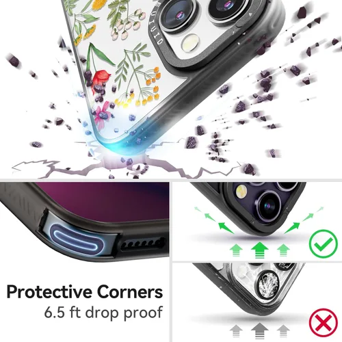Vista 2 de Carcasa para iPhone 15, diseño de flores naturales, color negro Cute Funny Pattern Design for Girls Women Men, Durable Shockproof 6.1" Phone Case