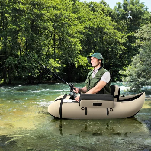 Vista 9 de GYMAX Tubo flotador de pesca, barco de pesca inflable de 350 libras con paleta, bomba, aletas, estatores de anzuelos, regla de pescado, bolsillos
