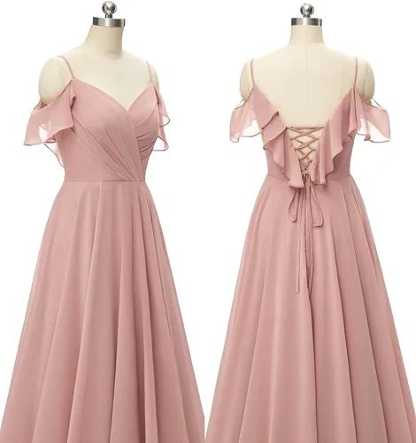 Vista 6 de Rmaytiked Vestido de dama de honor de gasa con tirantes delgados, largo con abertura, vestido formal de noche, vestidos de fiesta de boda para mujer