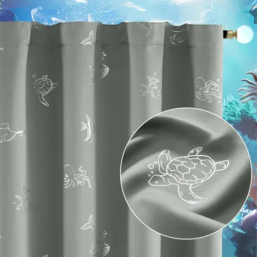 Vista 15 de Vangao - Cortinas para niños con impresión de dinosaurio en negro, cortinas opacas para guardería, habitación de niñas y niños, estampado plateado