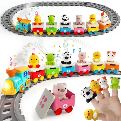 Vista 9 de Juguetes de tren de animales de granja para niños de 2 a 4 años, juego de tren eléctrico para niños con música, vapor y luces, juguetes