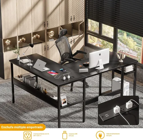 Vista 4 de Unikito Escritorio reversible en forma de L con tomas de corriente mágicas y puertos de carga USB, escritorio de esquina resistente para computadora