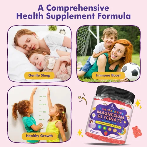 Vista 3 de Gomitas de glicinato de magnesio para niños mayores de 4 años y adultos, glicinato de magnesio 150/300 mg para sueño natural, relajación y apoyo