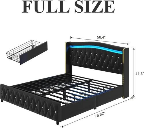 Vista 2 de E-Motie Base de cama tamaño completo con cabecera tipo wingback, plataforma tapizada con luces LED RGB, estación de carga, 4 cajones