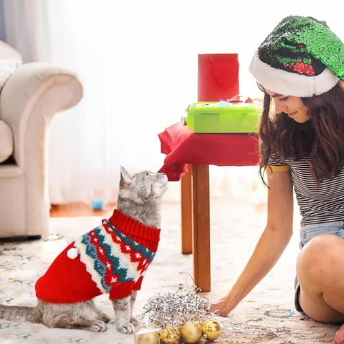 Vista 5 de 2 piezas de suéter de Navidad para cachorros, ropa de cuello alto de punto para gatos, disfraces de elfo de Navidad, ropa cálida para perros, suéter