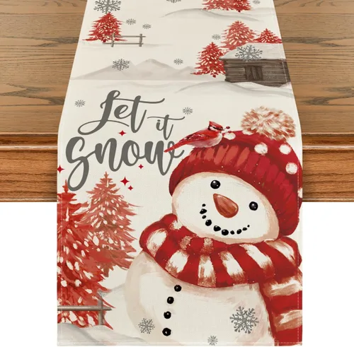 Vista 8 de Artoid Mode Árboles de Navidad Deja que nieve Muñeco de nieve negro Camino de mesa de Navidad, decoración de mesa de comedor para vacaciones