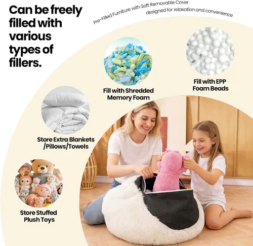 Vista 3 de Fundas para puf de pelo sintético mullido color beige, funda para silla puff de felpa suave color beige para niños y niñas, almacenamiento de puf