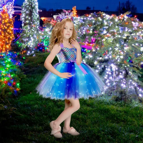 Vista 9 de Girls Mermaid Tutu Dress for Birthday Party, LED Light Up Halloween Mermaid Outfit Dress Up Dress with Headband