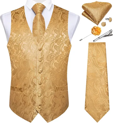 Vista 11 de DiBanGu Juego de chaleco y corbata para hombre, chaleco formal de cachemira y corbata con bolsillo cuadrado y gemelos, de seda, para traje o Verde