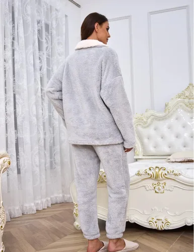 Vista 8 de Peaceglad Conjunto de pijama mullido para mujer, pantalones de vellón, ropa de dormir de felpa suelta