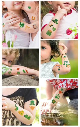 Vista 4 de Tatuajes del día de San Patricio, trébol temporal, tatuajes de trébol temporales, tatuajes de la suerte de trébol impermeable para adultos y niños
