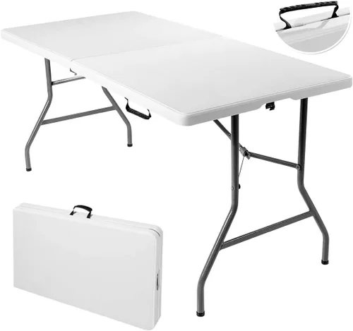 Vista 10 de GYMAX Mesa plegable de 6 pies, mesa de campamento portátil ligera con asa de transporte, fácil de plegar rectangular para interiores y exteriores