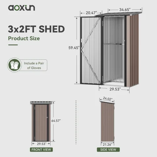 Vista 2 de Aoxun Cobertizo de almacenamiento para exteriores de 3 x 2 pies, cobertizo con techo inclinado, marrón