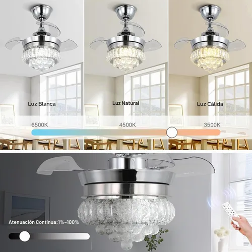 Vista 2 de Ventilador de techo LED de cristal de 22 pulgadas con luz, lámparas pequeñas regulables de 6 velocidades con temporizador, ventilador Chandeleir