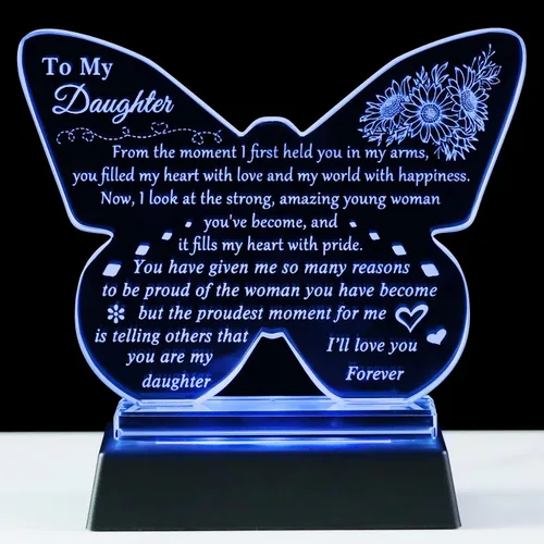 Vista 8 de YWHL Regalo para mi Hija de Papá Mamá, Mejores Regalos de Cumpleaños para Hija Adulta, Recuerdo de Vidrio en Forma de Mariposa con Base de Luz
