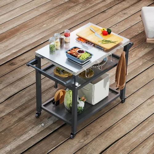 Vista 11 de Domi - Mesa de parrilla para exteriores de 3 estantes, carrito de parrilla con ruedas, horno de pizza al aire libre y mesa de preparación