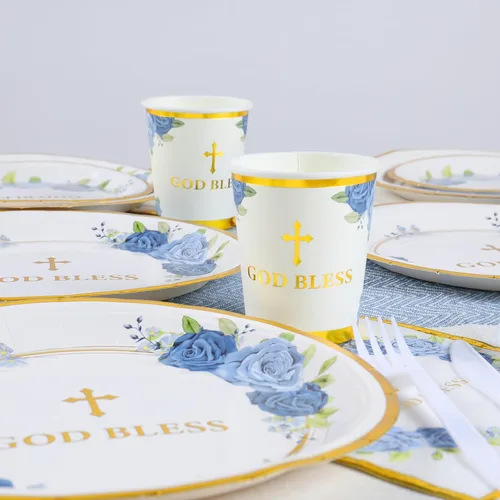 Vista 5 de Platos de fiesta religiosa para 24 invitados - bautismo, primera comunión, confirmación (azul)
