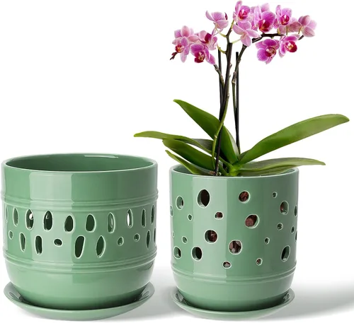 Vista 13 de Macetas para orquídeas LITUDISO, 5+6 pulgadas, blancas, de cerámica, aireadas, para interior/exterior, 7 pulgadas de ancho/altura, paquete de 2