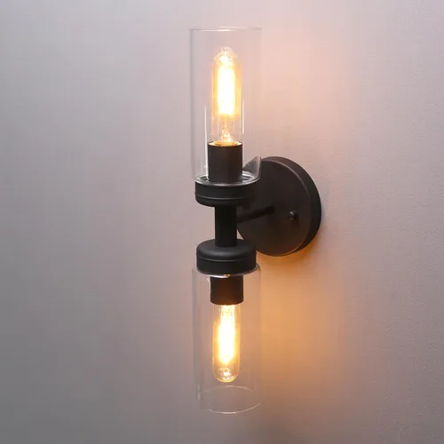 Vista 7 de Phansthy Lámpara de pared industrial rústica con pantalla tubular de vidrio transparente (aplique de 2 luces)