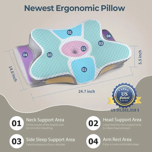 Vista 4 de Almohada cervical para aliviar el dolor de cuello, almohada cervical ergonómica para dormir, almohada de contorno para dormir de lado para soporte