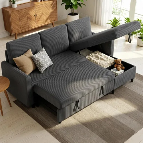 Vista 8 de JAMFLY Sofá cama extraíble con diván de almacenamiento, sofá modular de pana en forma de L de 77 pulgadas, sofá cama convertible de 3 plazas