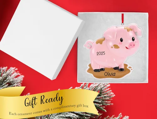 Vista 4 de Adorno de Navidad personalizado de cerdo 2026 Cerdito en el charco, animal de granja de granero, decoración de árbol de Navidad de cerdo y cerdo