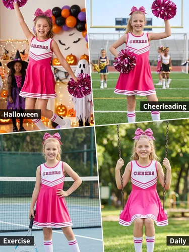 Vista 5 de lontakids Disfraces de animadora para niñas, vestidos de 4 piezas Rosa Rojo