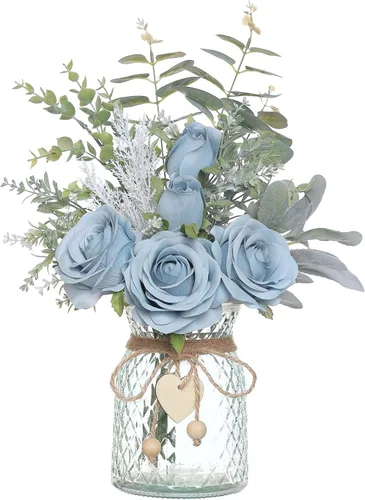 Vista 10 de Rosas artificiales de seda de 14.5 pulgadas con jarrón para decoración del Borgoña