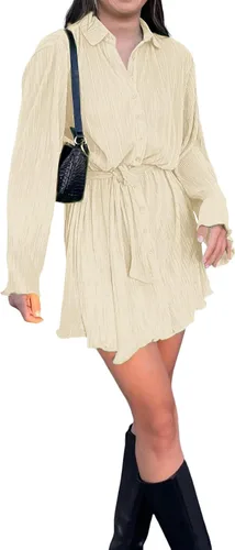 Vista 5 de LYANER Vestido camisero mini plisado de manga larga con cuello en V abotonado para mujer con cinturón