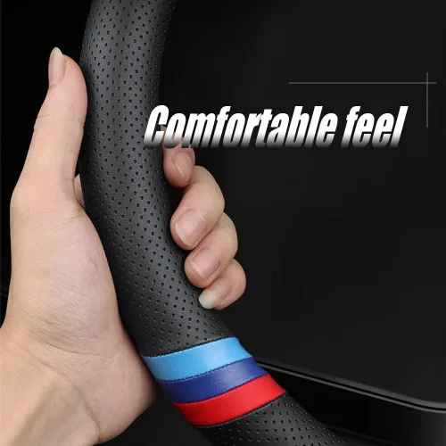 Vista 2 de Funda de cuero de napa para volante de automóvil, cómoda, antideslizante, estilo deportivo. Para fundas de volante de automóvil BMW, color negro