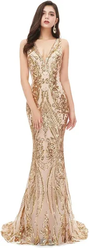 Vista 2 de Leyidress Vestido de fiesta de sirena con cuello en V y lentejuelas para mujer, sin mangas, vestido de noche de trompeta para desfile
