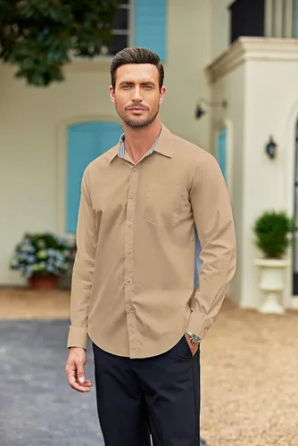 Vista 3 de COOFANDY Camisa de vestir de negocios para hombre, manga larga, ajuste regular, camisa de moda, de algodón, casual, con botones