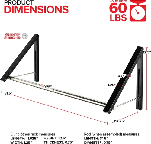 Vista 2 de Doble Perchero Plegable para Ropa con Barra Extensible, Perchero Retráctil Montado en Pared para Secador de Ropa, Barra de Secado Colgante, Pequeños