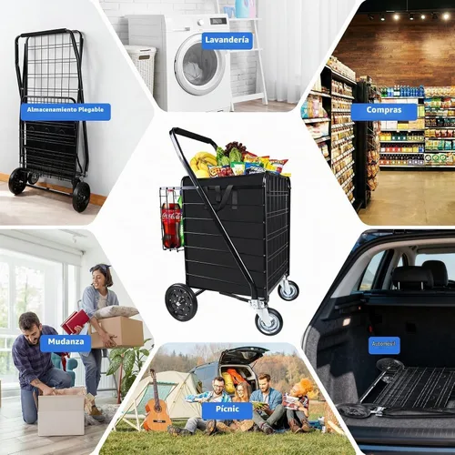 Vista 9 de Carrito de compras plegable con forro impermeable extraíble, carrito de comestibles de capacidad de 450 libras con cesta doble y ruedas giratorias