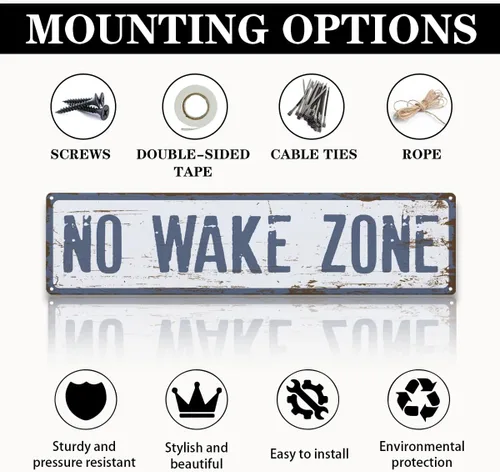 Vista 3 de Letrero de advertencia de metal con texto en inglés "No Wake Zone", letrero de advertencia de metal retro, decoración de pared de Lake House