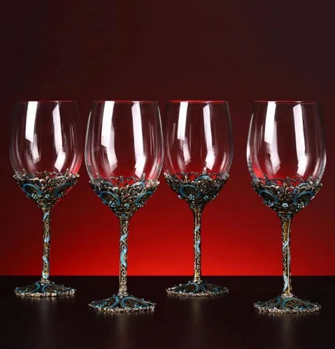 Vista 7 de Copas de vino transparentes hechas a mano, copas de vino tinto, juego de 2 Copas florales esmaltadas en azul, diseño artesanal, juego de 2