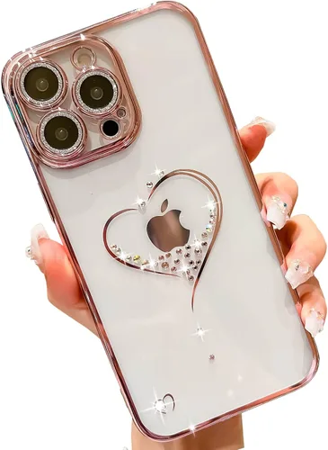 Vista 8 de Bling Glitter Heart compatible con iPhone 13 Pro de 6.1 pulgadas, bonito protector de cámara completo brillante para mujer, funda de teléfono Oro