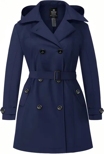 Vista 8 de Wantdo - Gabardina de mujer de talla grande con doble botonadura, impermeable, con solapa, abrigo elegante tipo pea con capucha desmontable Negro