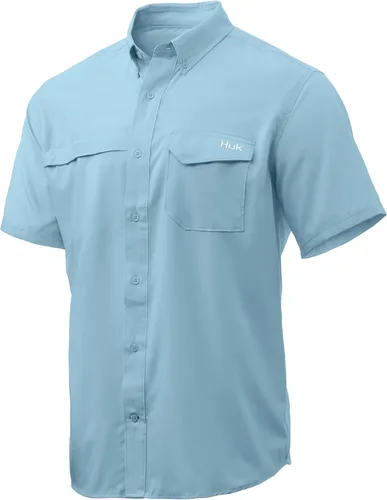 Vista 11 de HUK Men's Tide Point Kc Scott Original Artwork Short Sleeve Shirt, Fishing Button Down Negro