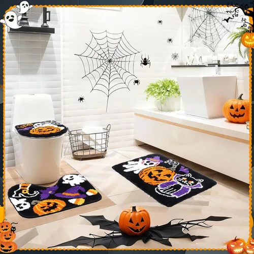 Vista 6 de Breling Juego de 3 piezas de alfombras de baño de Halloween, calabaza, antideslizante, lavable, alfombra de fantasmas, negra y púrpura, cubierta